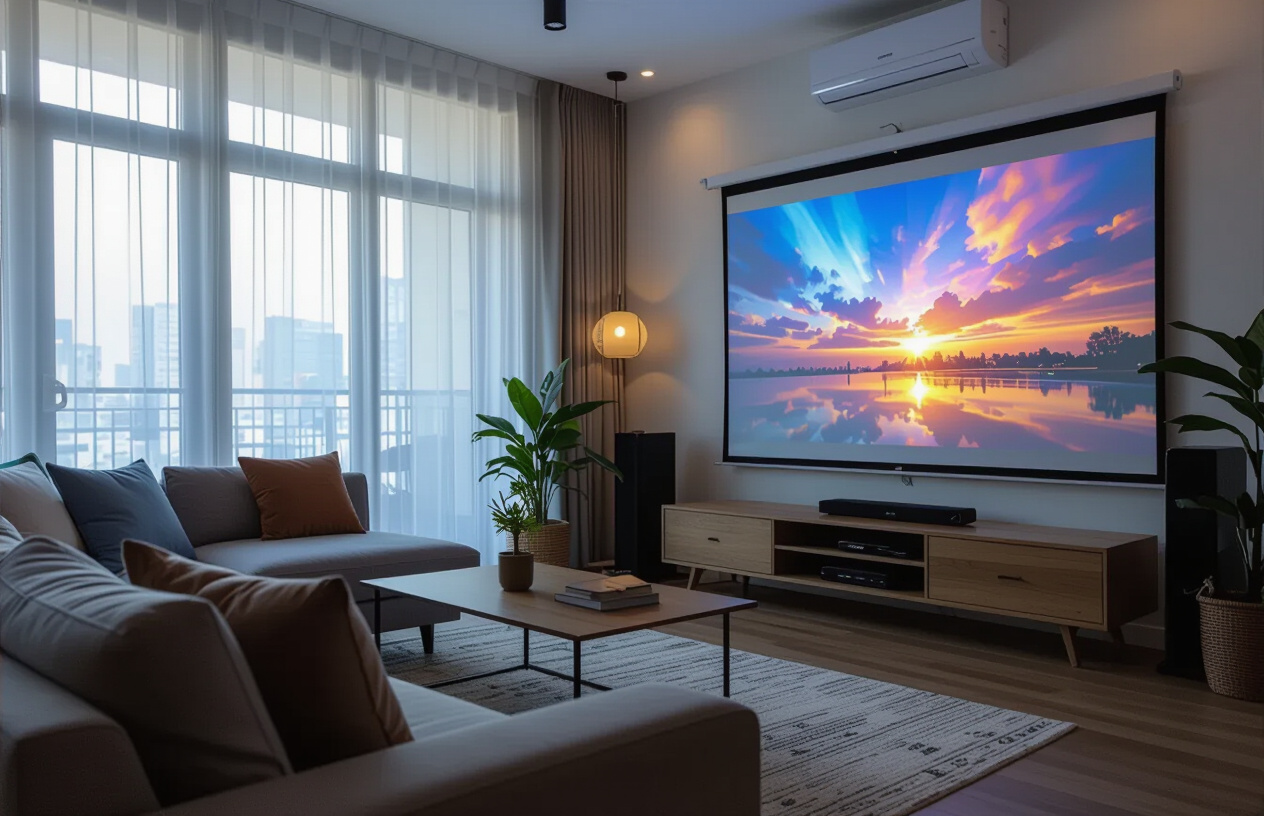 Máy Chiếu Đã Được Sửa Chữa, Hiển Thị Hình Ảnh Sắc Nét Và Màu Sắc Sống Động Trên Màn Hình Lớn.