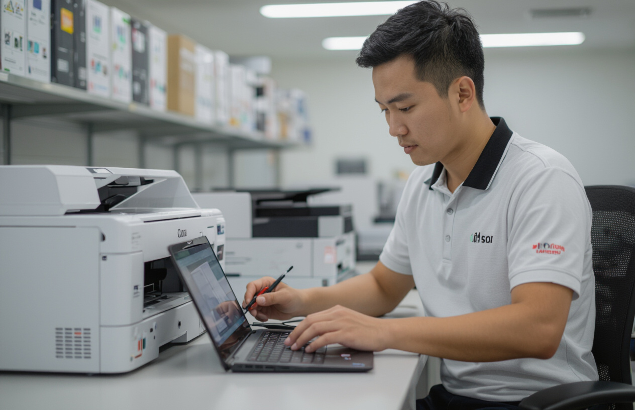 Kỹ Thuật Viên Chuyên Nghiệp Máy Tính Bến Tre Đang Sửa Chữa Máy In Canon.