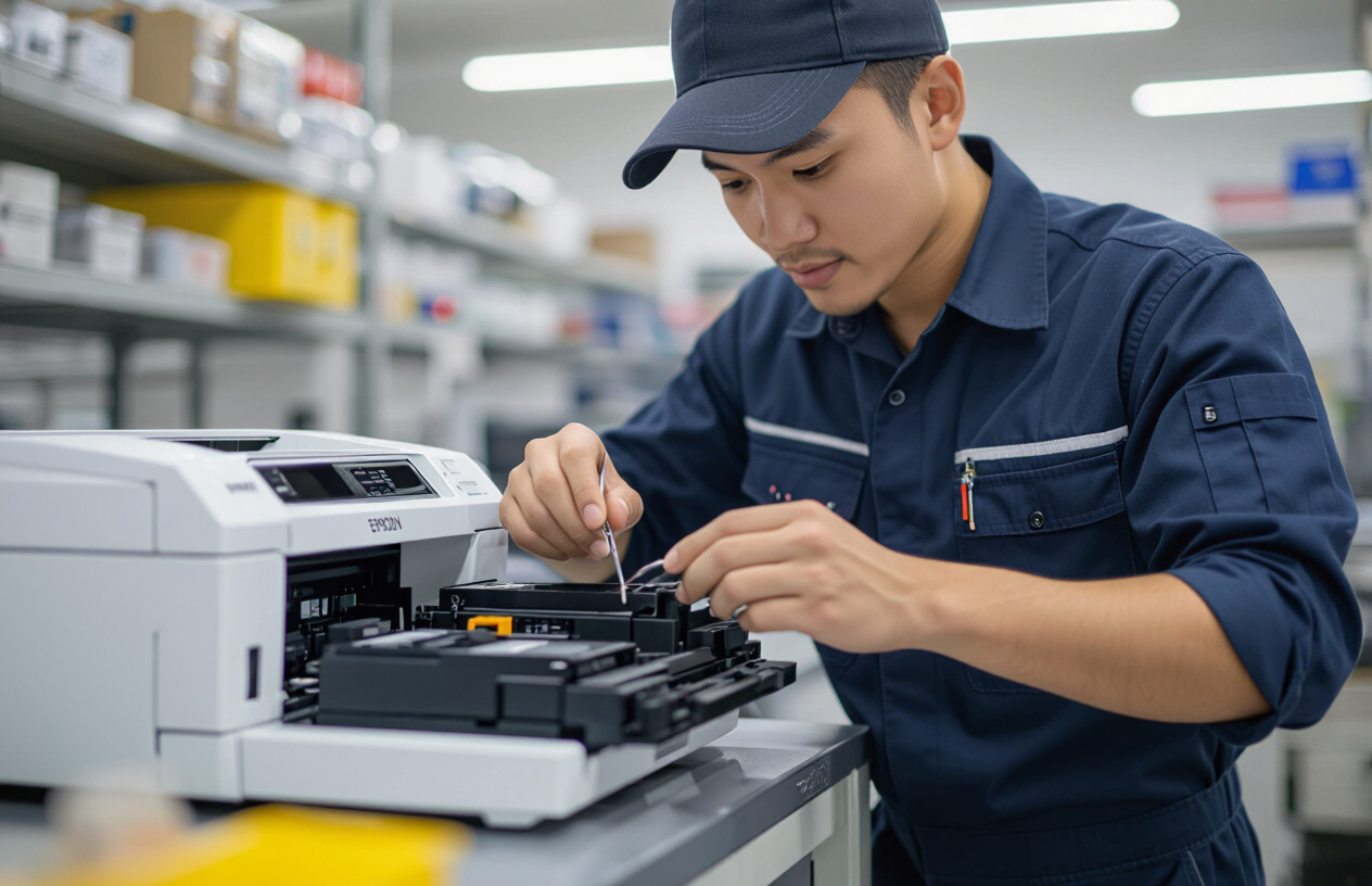 Kỹ Thuật Viên Máy Tính Bến Tre Đang Kiểm Tra Và Sửa Chữa Máy In Epson L4150 Một Cách Chuyên Nghiệp.