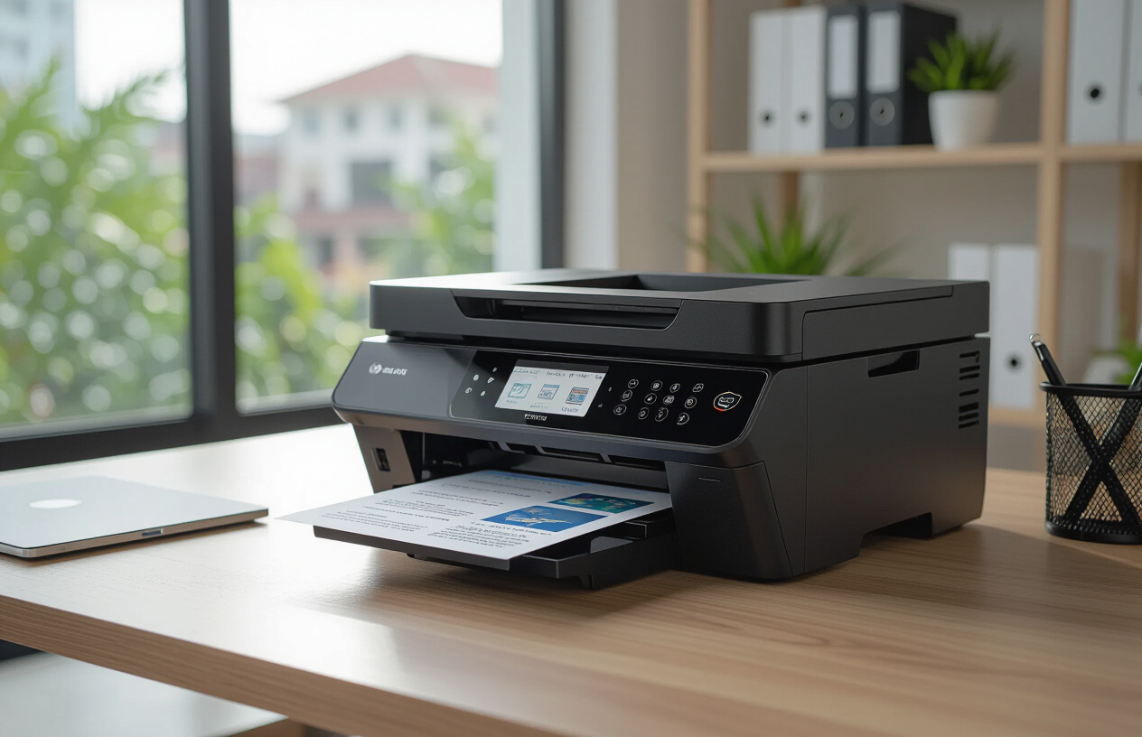 Một Văn Phòng Hiện Đại Ở Bến Tre Với Máy In Hp Đang Hoạt Động Trơn Tru Sau Khi Được Sửa Chữa.