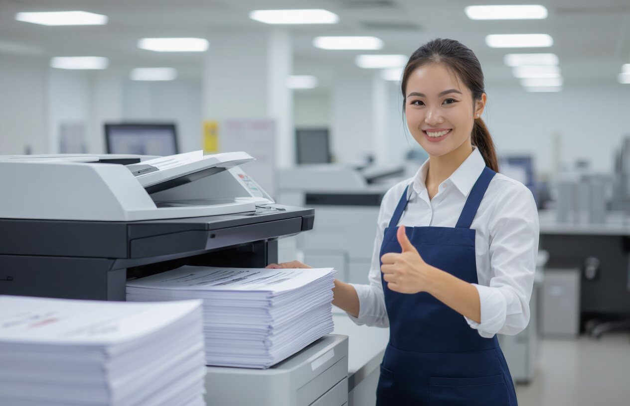 Máy Photocopy Hoạt Động Trơn Tru, Giấy Được In Ra Đều Đặn, Và Một Người Phụ Nữ Việt Nam Đang Mỉm Cười Hài Lòng Bên Cạn