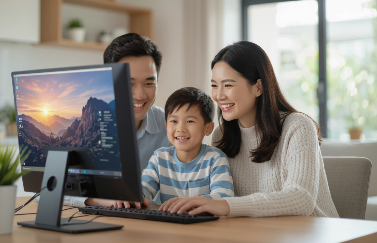 Một Gia Đình Việt Nam Vui Vẻ Sử Dụng Máy Tính Dell Đã Được Sửa Chữa, Thể Hiện Sự Hài Lòng Với Dịch Vụ.