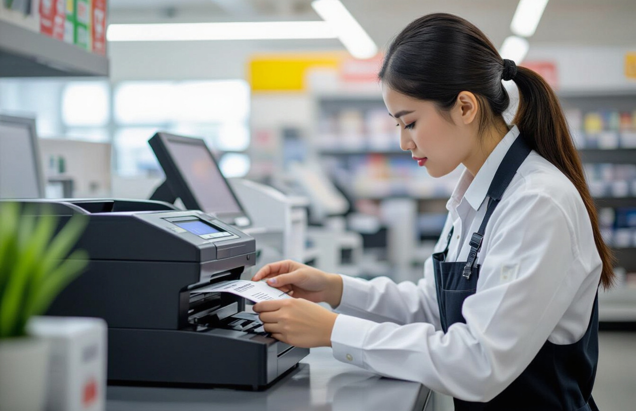 Một Kỹ Thuật Viên Người Việt Nam Chuyên Nghiệp Đang Cẩn Thận Thay Thế Đầu In Nhiệt Cho Máy In Bill Xprinter Tại Một Qu