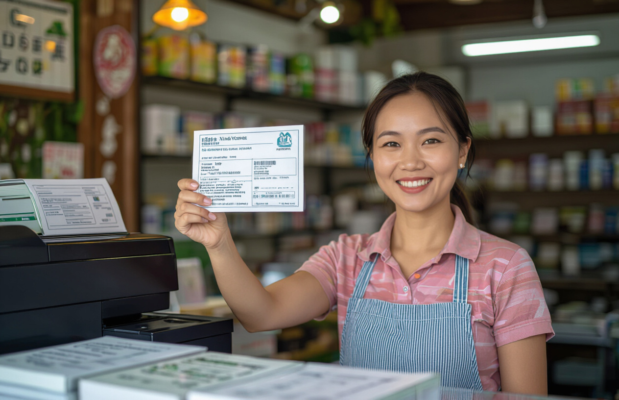 Một Nữ Chủ Cửa Hàng Người Việt Nam Đang Mỉm Cười Hài Lòng Khi Cầm Trên Tay Một Hóa Đơn Được In Sắc Nét Từ Máy In Bill