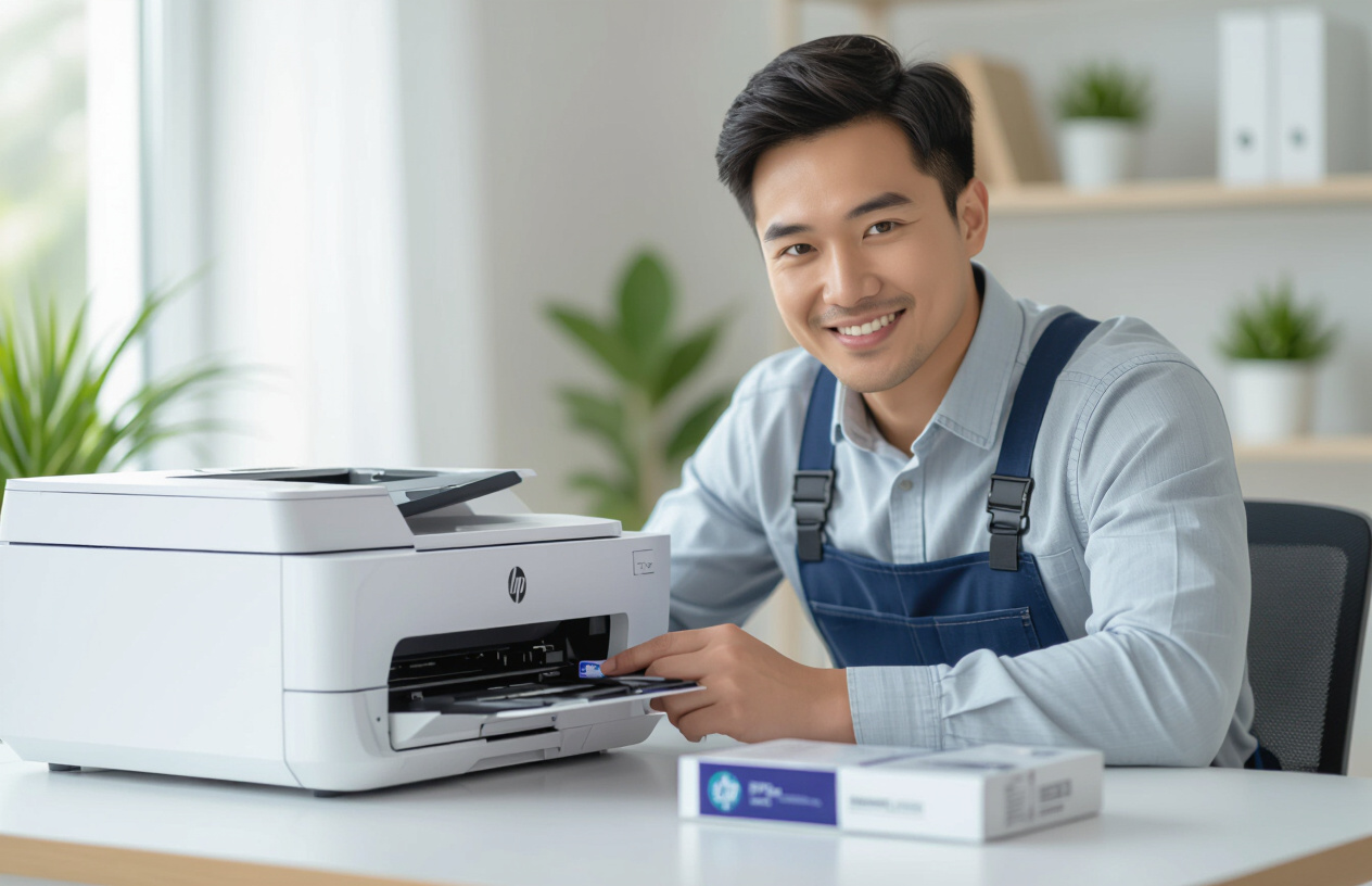 Kỹ Thuật Viên Máy Tính Bến Tre Đang Kiểm Tra Máy In Hp Và Hộp Mực Mới Tại Nhà Khách Hàng Ở Bến Tre