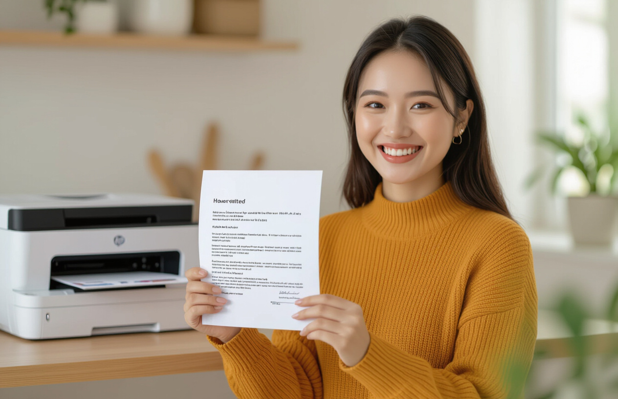 Một Người Phụ Nữ Bến Tre Vui Vẻ, Hài Lòng Khi Máy In Hp Của Cô Ấy Hoạt Động Tốt Sau Khi Được Thay Mực