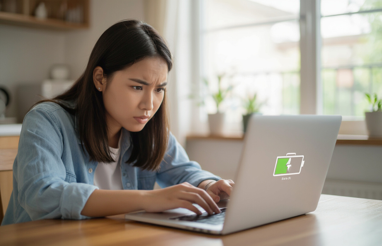 Người Phụ Nữ Việt Nam Nhìn Màn Hình Laptop Hiển Thị Lỗi Pin Yếu.