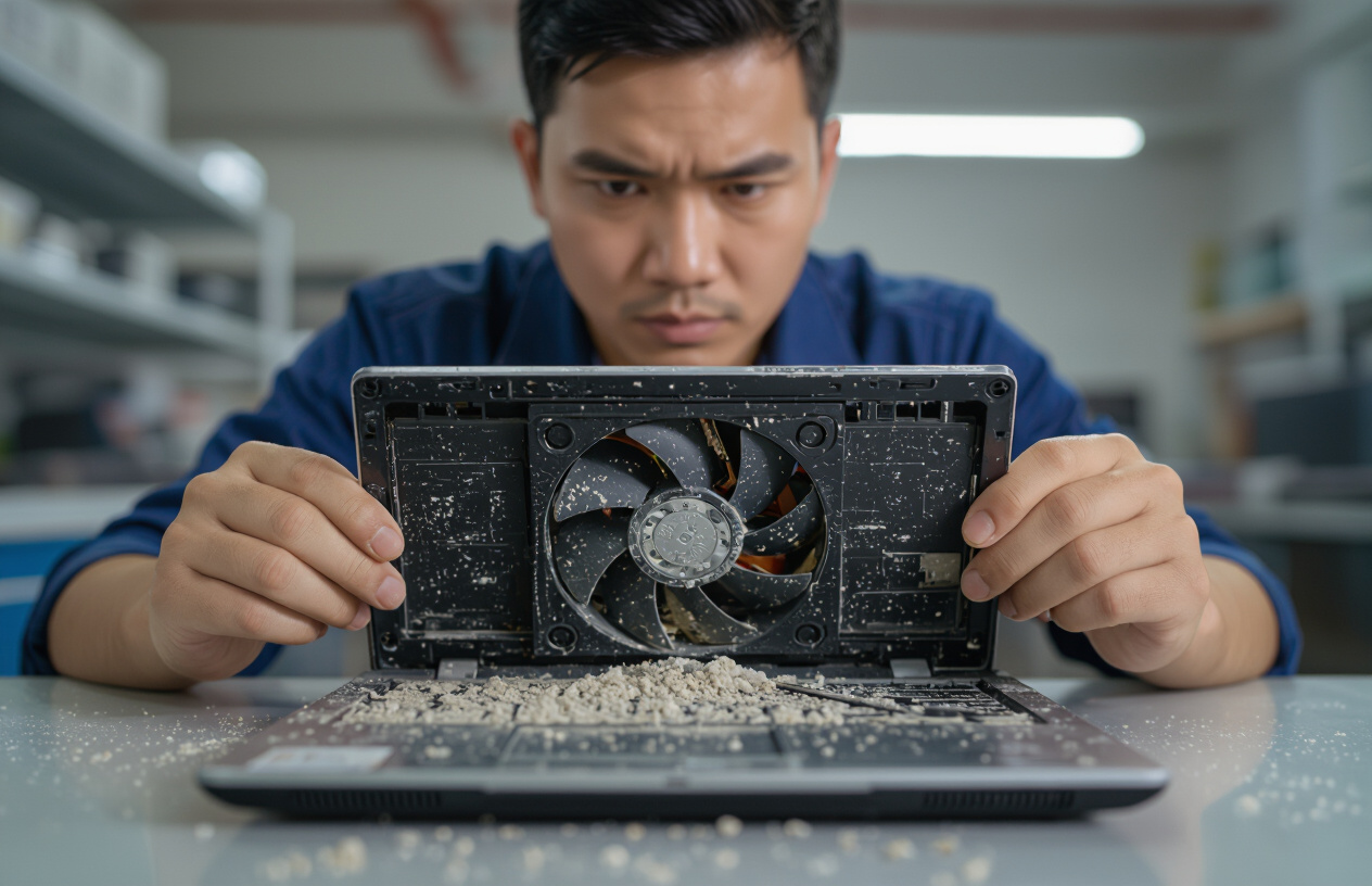 Kỹ Thuật Viên Đang Kiểm Tra Quạt Tản Nhiệt Laptop Acer Bị Bám Đầy Bụi.