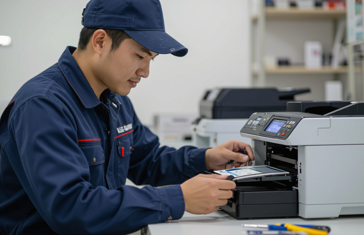 Kỹ Thuật Viên Máy Tính Bến Tre Đang Kiểm Tra Máy In Hp M203Dn Tại Giồng Trôm