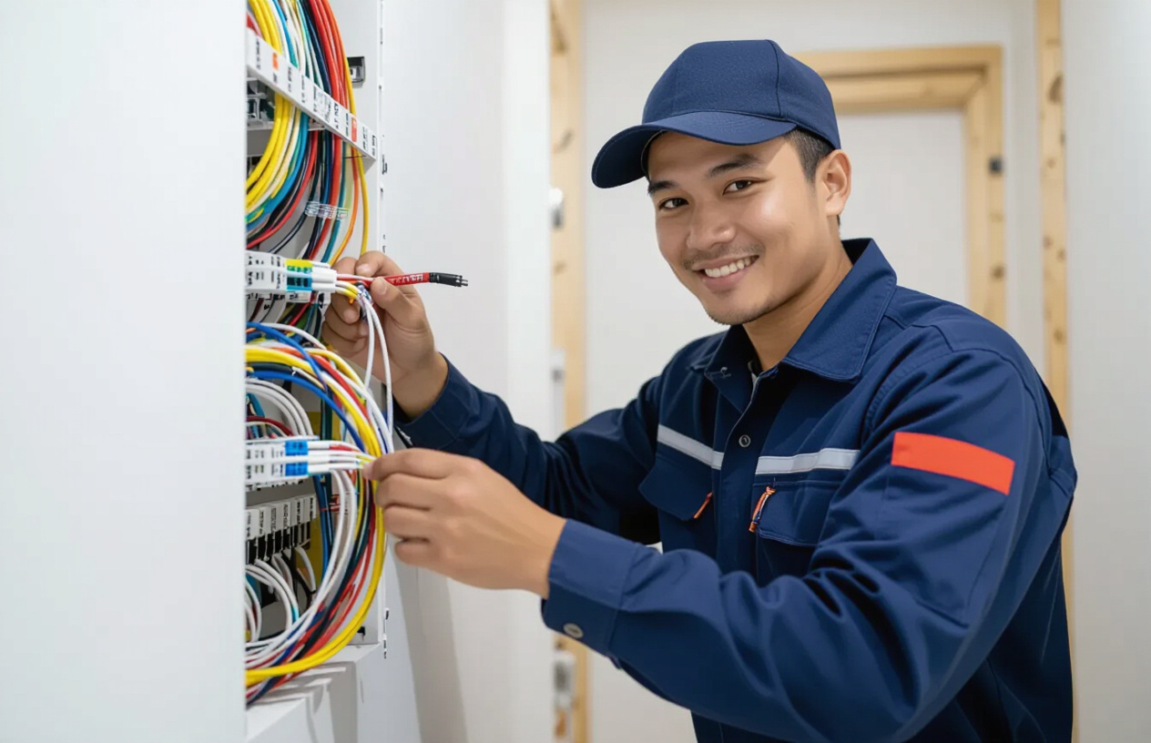 Kỹ Thuật Viên Máy Tính Bến Tre Đang Kiểm Tra Hệ Thống Dây Mạng Âm Tường Trong Một Ngôi Nhà Mới Xây.
