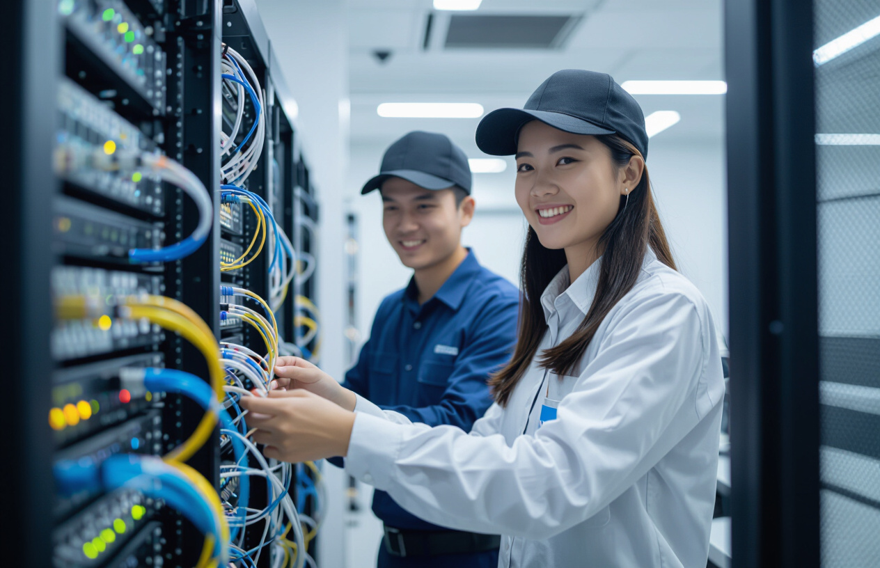 Kỹ Sư Máy Tính Bến Tre Đang Thi Công Hệ Thống Mạng Cáp Quang Chuyên Nghiệp Tại Tòa Nhà.