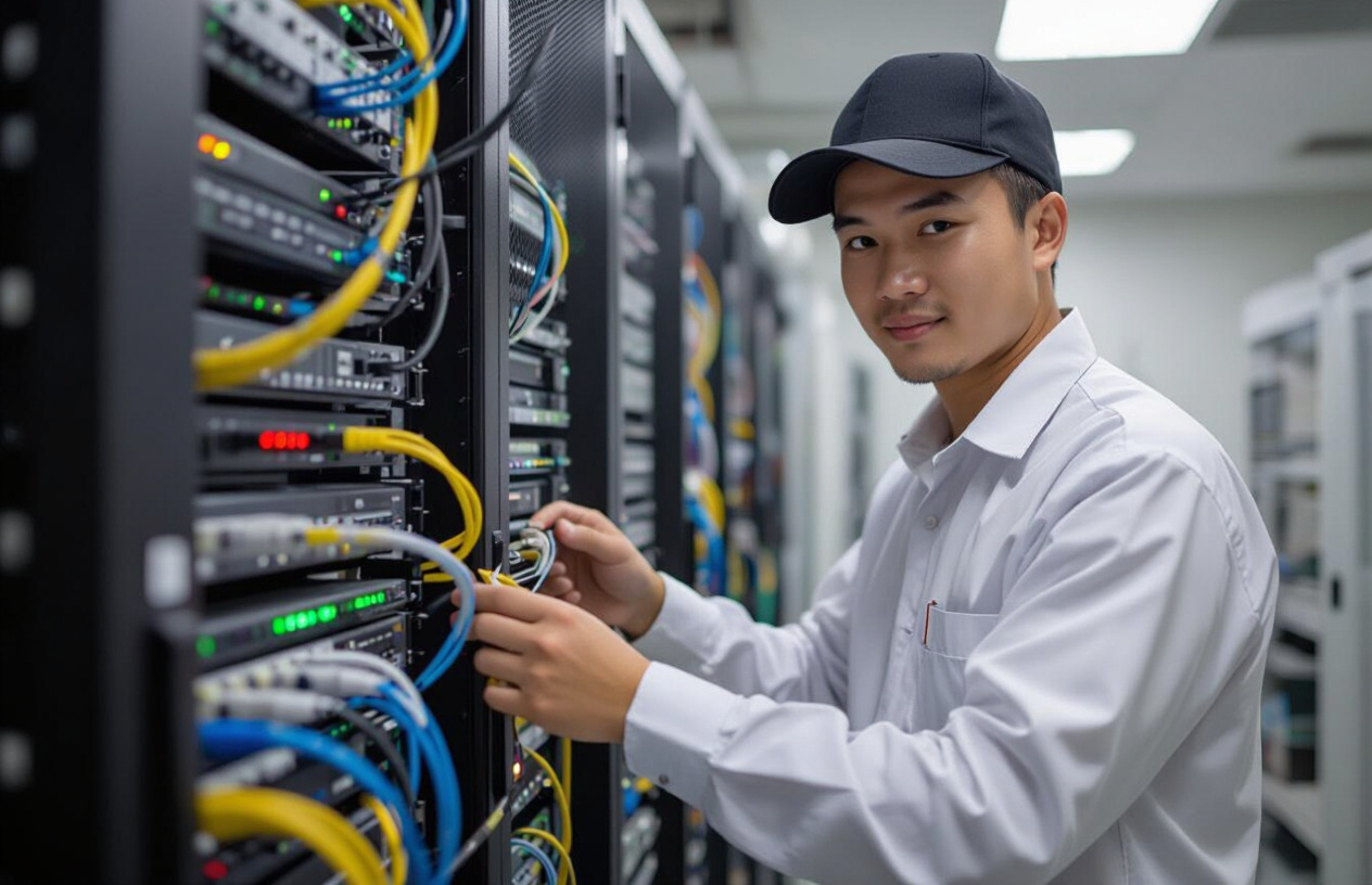 Kỹ Thuật Viên Máy Tính Bến Tre Đang Kiểm Tra Hệ Thống Mạng Tại Phòng Khám Hiện Đại.
