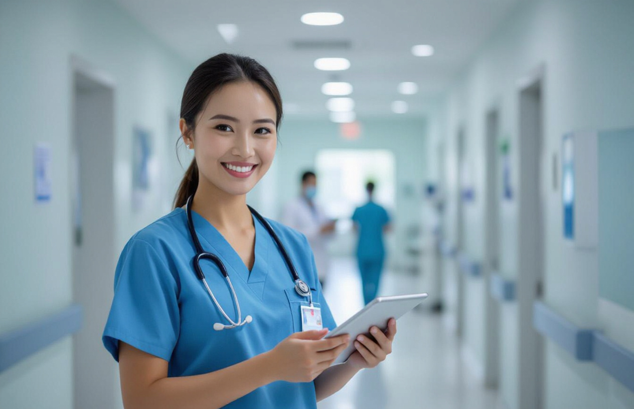Y Tá Việt Nam Sử Dụng Máy Tính Bảng Kết Nối Mạng Không Dây Trong Phòng Khám Để Nhập Dữ Liệu Bệnh Nhân.