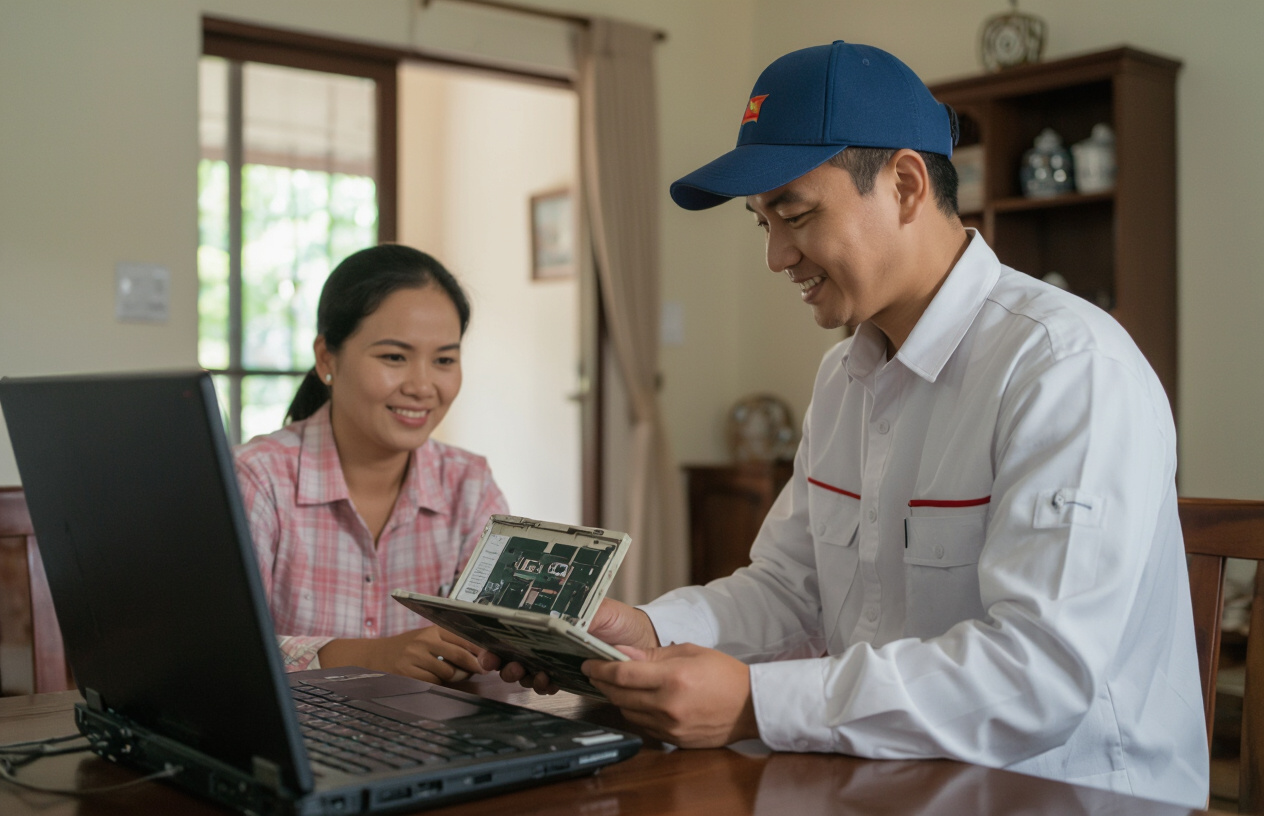 Người Đàn Ông Việt Nam Vui Vẻ Kiểm Tra Laptop Cũ Hỏng Để Thu Mua.