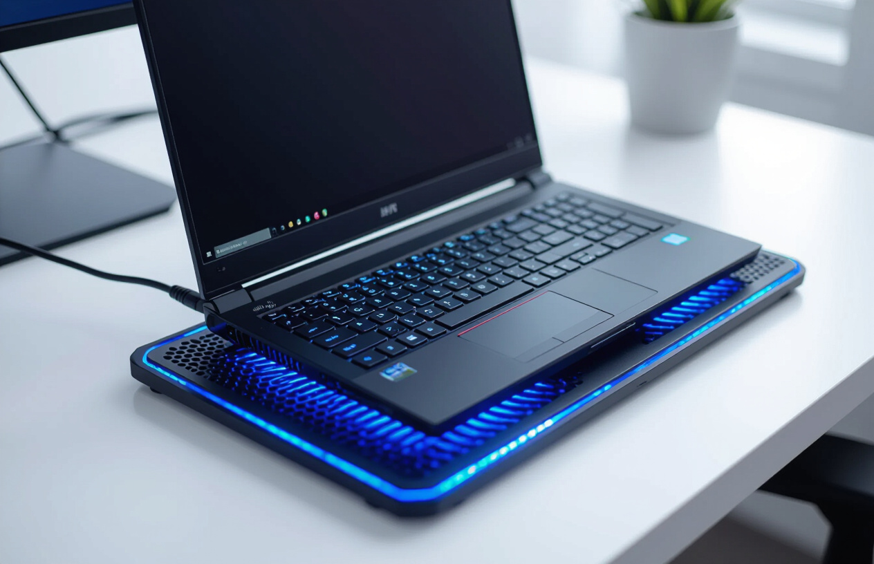 Laptop Gaming Đặt Trên Đế Tản Nhiệt Với Đèn Led Xanh Lam Sáng, Giúp Máy Mát Hơn.