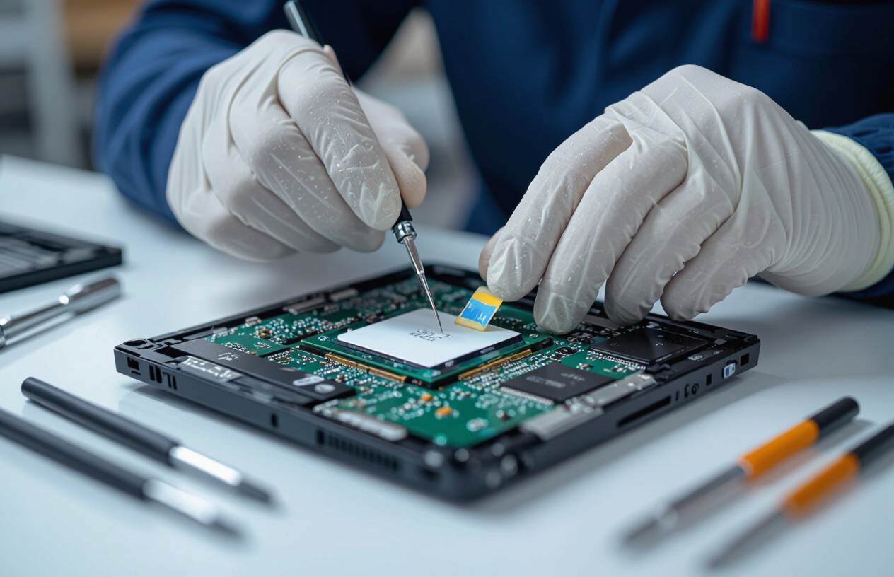 Kỹ Thuật Viên Đang Tra Keo Tản Nhiệt Mới Lên Cpu/Gpu Của Laptop Đã Được Tháo Rời.