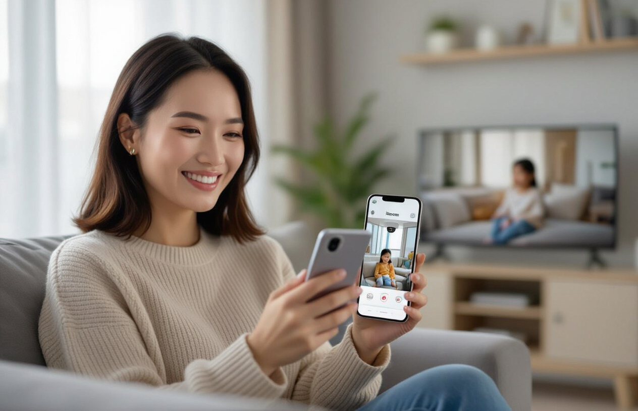 Người Phụ Nữ Việt Nam Đang Xem Màn Hình Giám Sát Camera Trên Điện Thoại Tại Căn Hộ Chung Cư.
