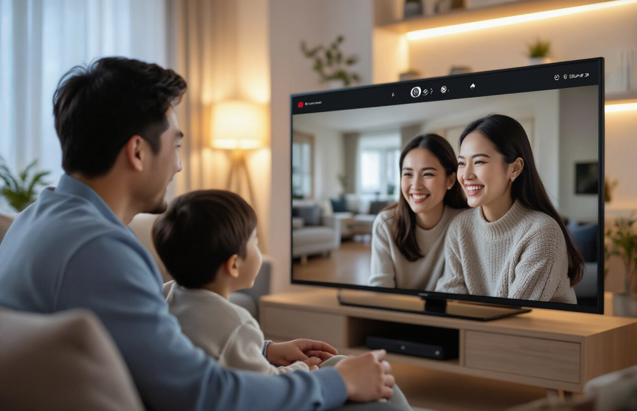 Gia Đình Việt Nam Hạnh Phúc Đang Xem Lại Hình Ảnh Từ Camera An Ninh Trên Màn Hình Lớn Tại Phòng Khách Căn Hộ.