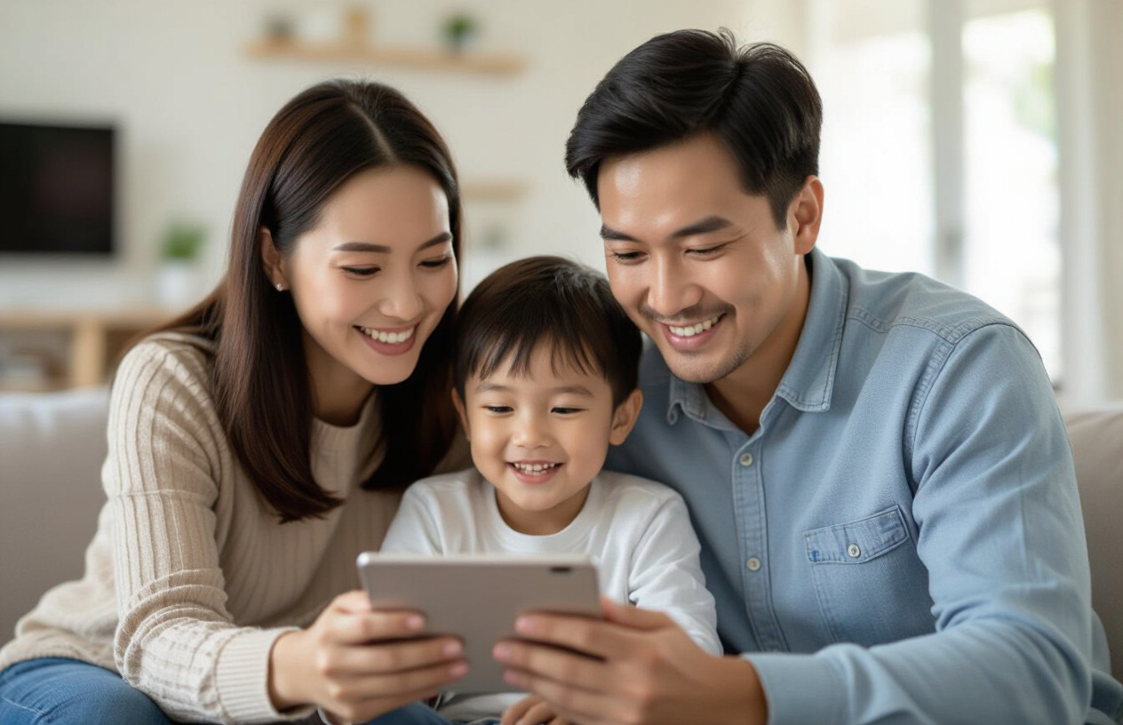 Một Gia Đình Việt Nam Đang Xem Màn Hình Giám Sát Camera Trên Điện Thoại, Thể Hiện Sự An Tâm Và Kết Nối.