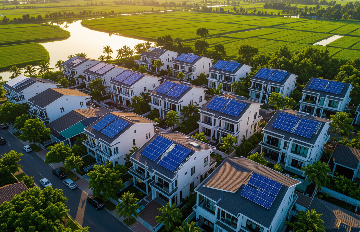 Tổng Quan Thành Phố Bến Tre Với Nhiều Mái Nhà Lắp Điện Mặt Trời.