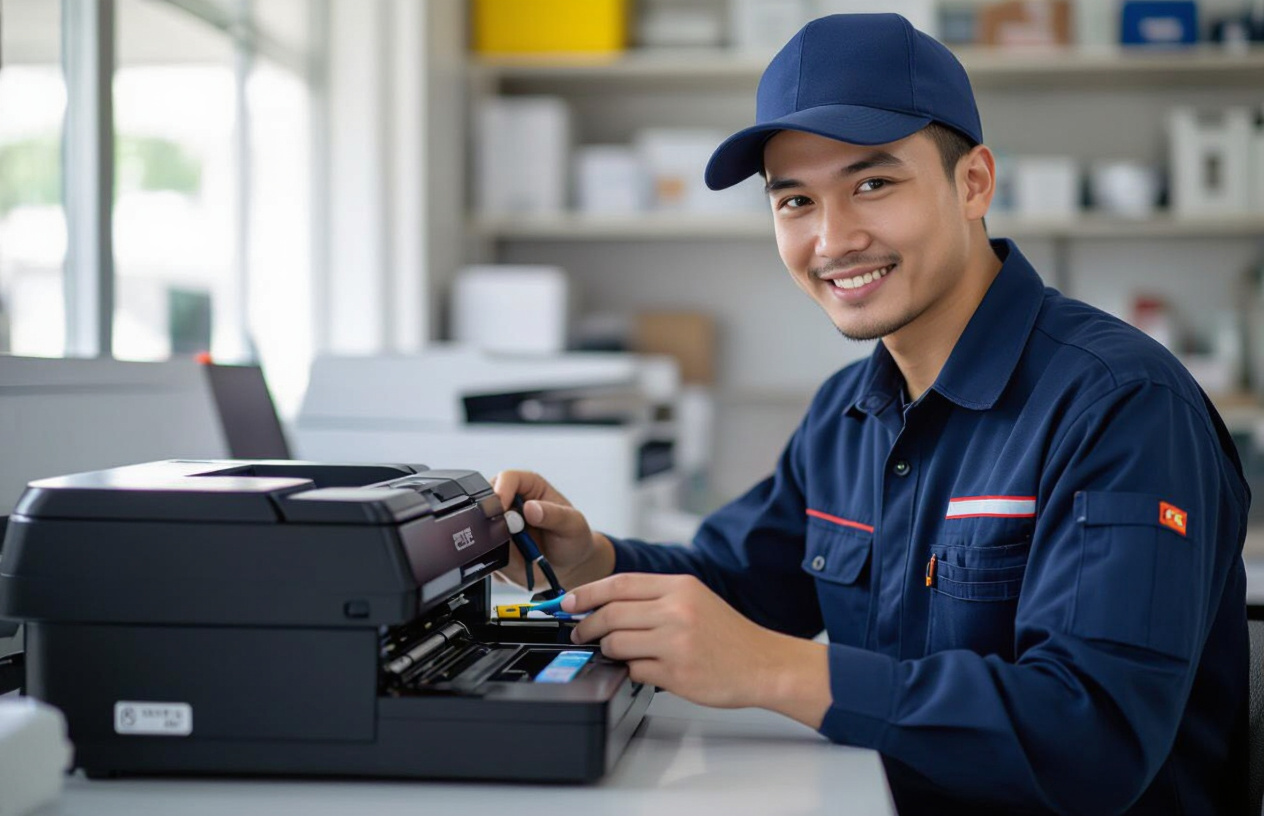 Kỹ Thuật Viên Máy Tính Bến Tre Đang Vệ Sinh Đầu Phun Máy In Chuyên Nghiệp.