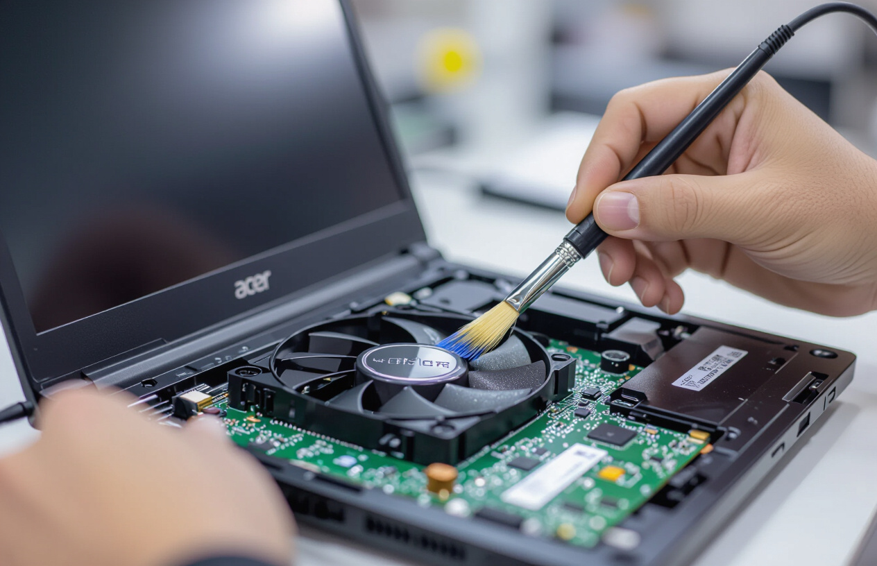 Kỹ Thuật Viên Máy Tính Bến Tre Đang Vệ Sinh Tản Nhiệt Laptop Acer