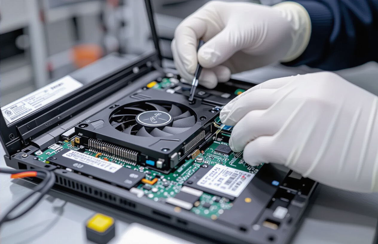 Kỹ Thuật Viên Chuyên Nghiệp Đang Vệ Sinh Bên Trong Laptop Lg Gram, Tập Trung Vào Quạt Tản Nhiệt Và Keo Tản Nhiệt.