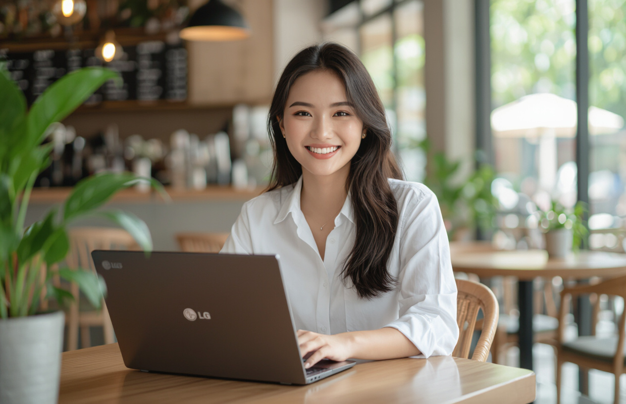 Một Cô Gái Trẻ Việt Nam Vui Vẻ Làm Việc Trên Laptop Lg Gram Tại Quán Cà Phê Ở Bến Tre, Laptop Hoạt Động Mát Mẻ.