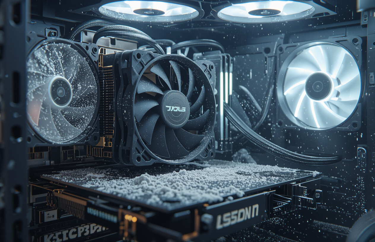 Hình Ảnh Minh Họa Máy Tính Gaming Bị Bám Đầy Bụi Bẩn Bên Trong, Quạt Tản Nhiệt Bị Kẹt.