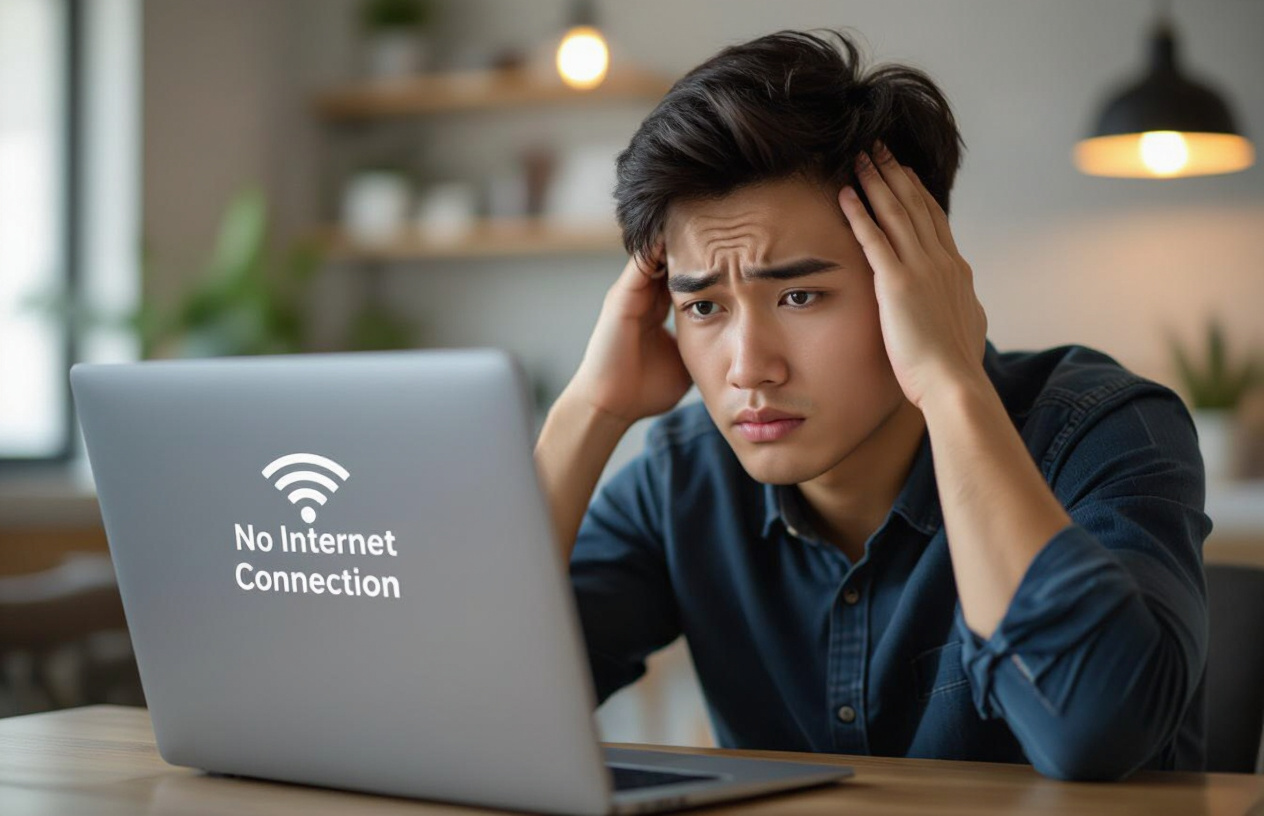 Người Dùng Đang Cố Gắng Sửa Lỗi Wifi Chập Chờn Với Vẻ Mặt Lo Lắng.
