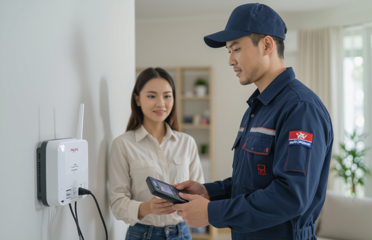 Kỹ Thuật Viên Máy Tính Bến Tre Đang Kiểm Tra Thiết Bị Mạng Tại Nhà Khách Hàng.