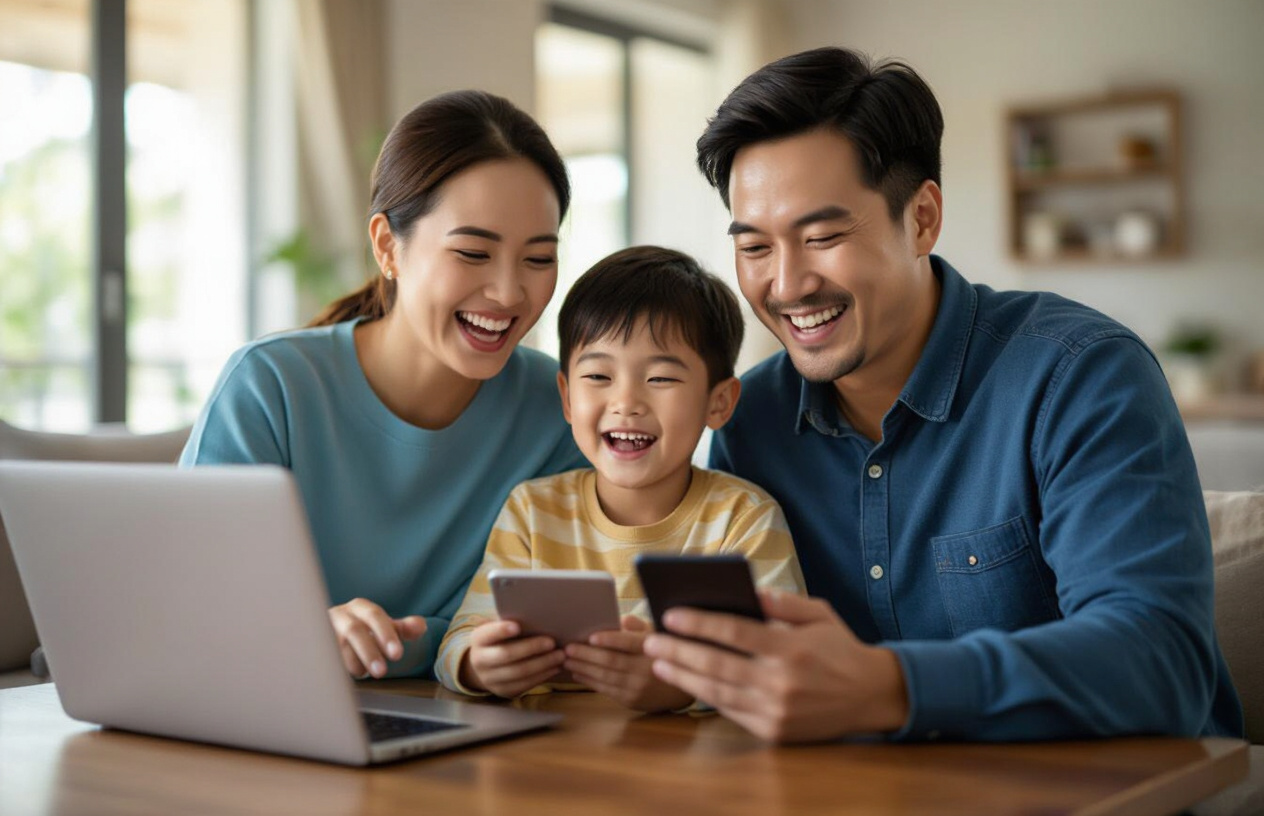 Gia Đình Việt Nam Vui Vẻ Sử Dụng Internet Mượt Mà Sau Khi Sửa Wifi.